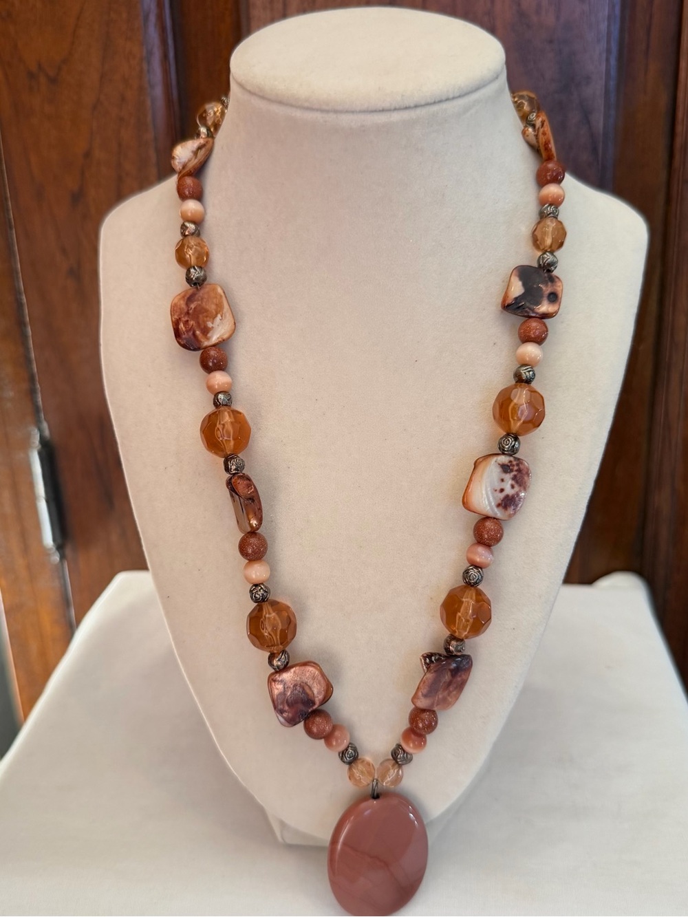 Artisan Brown Shell Bead Necklace Large Oval Pendant Toggle Clasp Boho